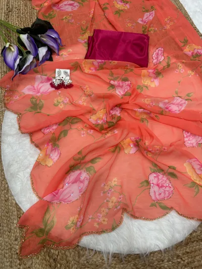 Coral Pink Georgette Handwork Saree